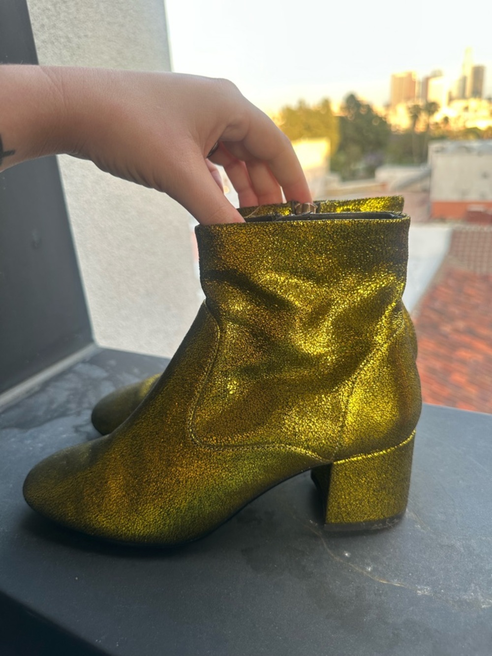 & Other Stories metallic gold ankle boots with block heel, size 36 (6)